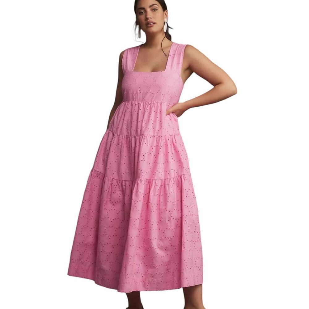 Anthropologie Square-Neck Eyelet Tiered Midi Dress Pink XLP NWT - Picture 1 of 9